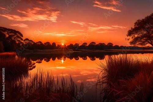 A fiery red and orange sunset over a calm, reflective lake. 