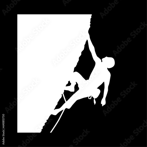 Mountain climber icon. Alpinist, mountaineer climbing up rock. Vector Illustration