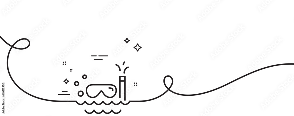 Travel scuba diving line icon. Continuous one line with curl. Trip swimming sign. Holidays symbol. Scuba diving single outline ribbon. Loop curve pattern. Vector