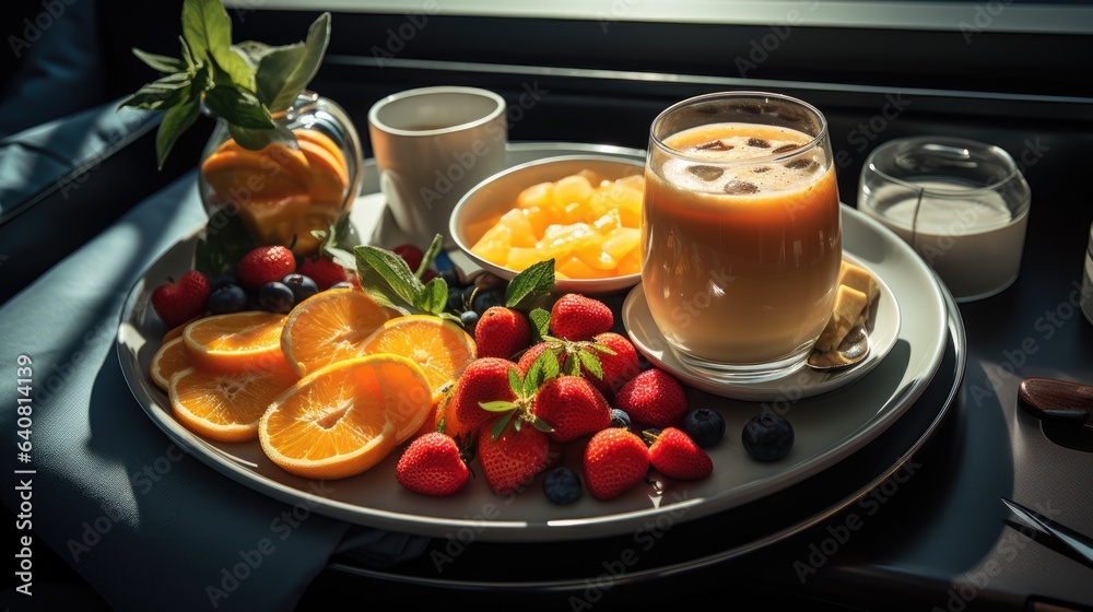 Delicious breakfast with fresh croissants and drinks in bed. AI Generated Delicious breakfast with fresh croissants and drinks in bed. AI Generated