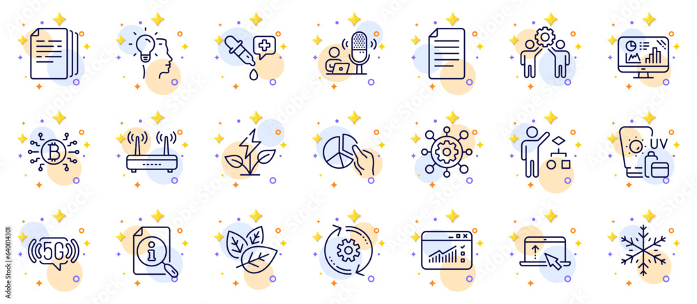 Outline set of Cogwheel, Swipe up and Sunscreen line icons for web app. Include Podcast, Chemistry pipette, Wifi pictogram icons. File, Search, Eco power signs. Web traffic. Vector