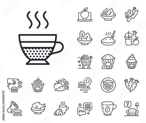 Hot drink sign. Crepe, sweet popcorn and salad outline icons. Cafe creme icon. Beverage symbol. Cafe creme line sign. Pasta spaghetti, fresh juice icon. Supply chain. Vector