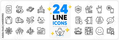 Icons set of Car travel, Eye protection and Comments line icons pack for app with Versatile, Fast food, Entrance thin outline icon. Hoody, Freezing click, Sea mountains pictogram. Vector