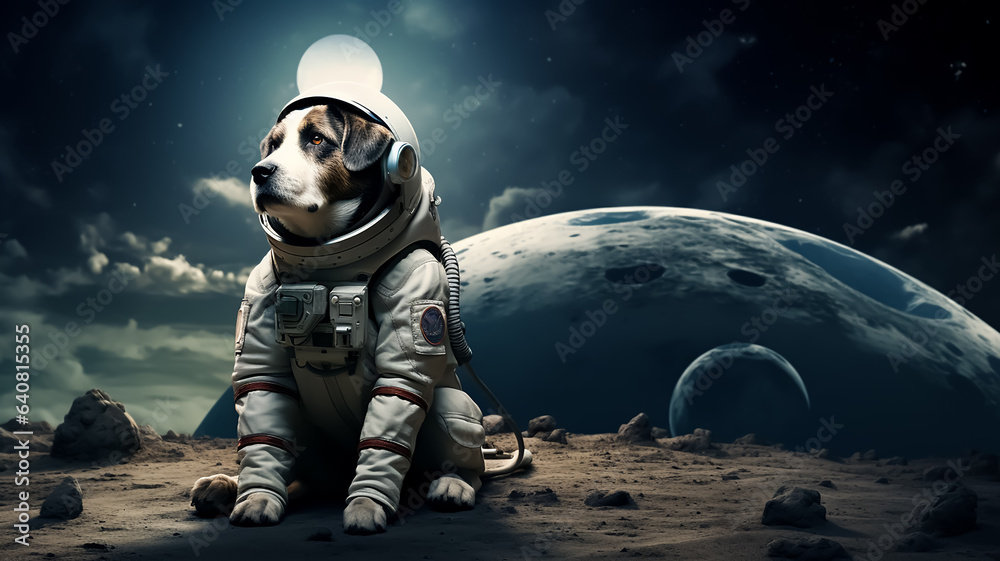 Fantasy portrait of astronaut Animal in space wearing helmet and full space suit, the moon in behind,  fantasy, science fiction, 