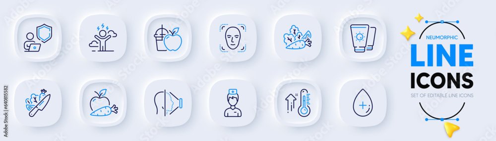 Apple carrot, Difficult stress and Face id line icons for web app. Pack of Doctor, Shield, High thermometer pictogram icons. Sunscreen, Juice, Face detection signs. Vegetable, Vegetables. Vector