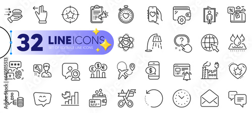 Outline set of Factory, Wallet and Internet line icons for web with Waterproof, Time management, Dots message thin icon. Card, Star target, Travel loan pictogram icon. Biometric security. Vector