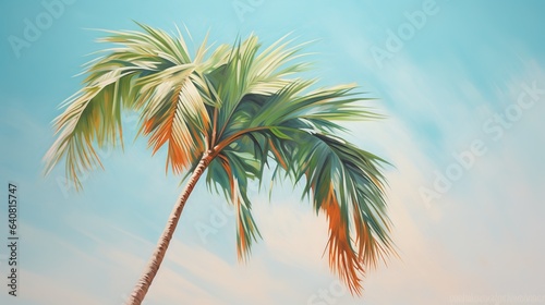  a painting of a palm tree with a blue sky in the background. generative ai