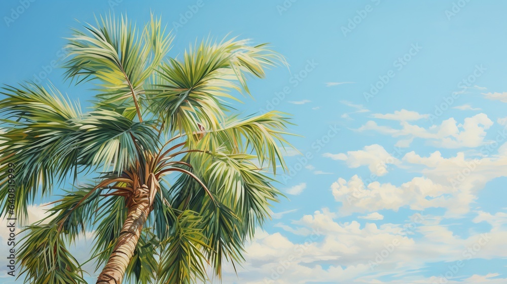  a painting of a palm tree against a blue sky with clouds.  generative ai