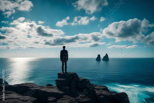 A silhouetted figure standing on a rocky cliff, gazing out at a vast expanse of ocean. 