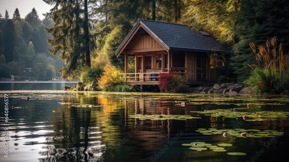 Obraz premium A wooden house at a lake