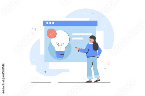 Character planning, prototyping and testing startup ideas and analyzing marketing data. Solution presentation. Profitable startup, idea, company development strategy. Lightbulb