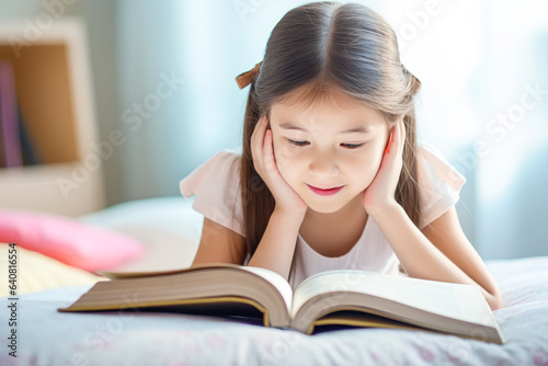 Small Asian girl lying on the bed, reading a book. Generative AI