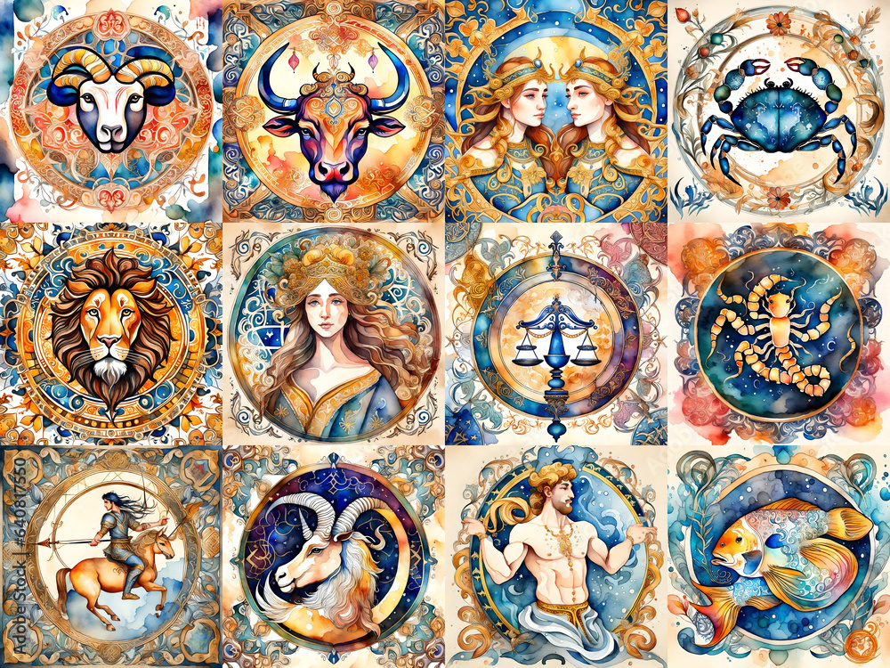 Set of zodiac signs icons. Aries, Leo, Gemini, Taurus, Scorpio, Aquarius, Pisces, Sagittarius, libra, Virgo, Capricorn, and cancer. Watercolour painti Set of zodiac signs icons. Aries, Leo, Gemini, Taurus, Scorpio, Aquarius, Pisces, Sagittarius, libra, Virgo, Capricorn, and cancer. Watercolour painti