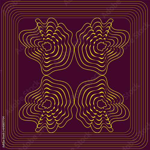 Vector abstract geometric pattern in the form of squares and golden concentric circles on a burgundy background © Vera