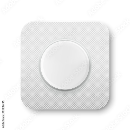 Vector Realistic Pharmaceutical Medical White Pill in Blister, Vitamins, Tablet in a Package Closeup Isolated. Pill in Blister Packaging Design Template. Front, Top View. Medicine, Health Concept