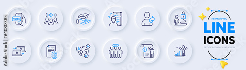 Survey, Winner and Video conference line icons for web app. Pack of Manual doc, Online voting, Fingerprint pictogram icons. Medical staff, Lock, Employees group signs. Outsource work. Vector