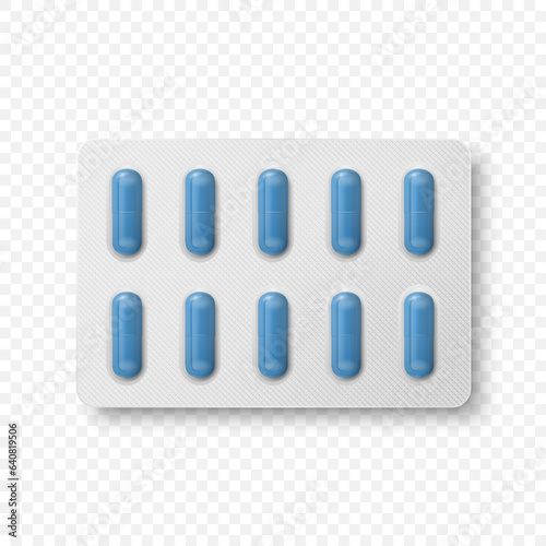 Vector Realistic Pharmaceutical Medical Blue Pills, Vitamins, Capsule in Blister Closeup Isolated. Pills in Blister Packaging Design Template. Front, Top View. Medicine, Health Concept