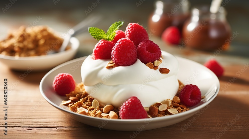 a plate of yogurt with raspberries and granola. generative ai a plate of yogurt with raspberries and granola. generative ai