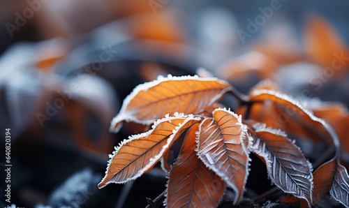 Abstract background, leaves covered with hoarfrost close-up.
