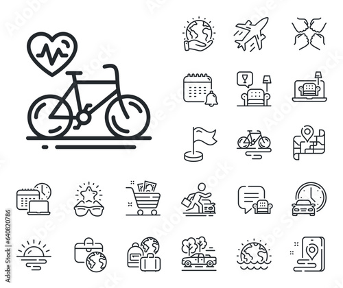 Bicycle exercise sign. Plane jet, travel map and baggage claim outline icons. Cardio bike training line icon. Gym fit heartbeat symbol. Cardio bike line sign. Car rental, taxi transport icon. Vector