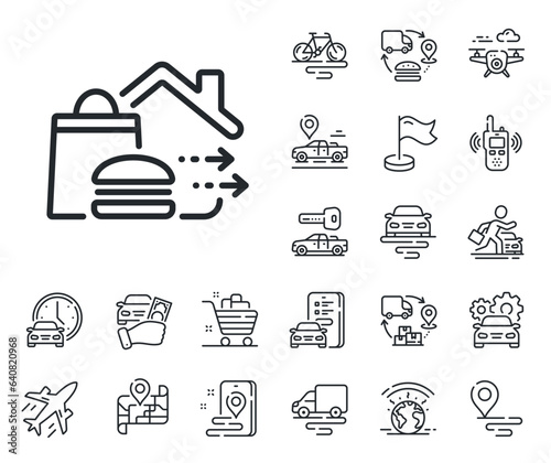 Burger meal sign. Plane, supply chain and place location outline icons. Food delivery line icon. Catering service symbol. Food delivery line sign. Taxi transport, rent a bike icon. Travel map. Vector