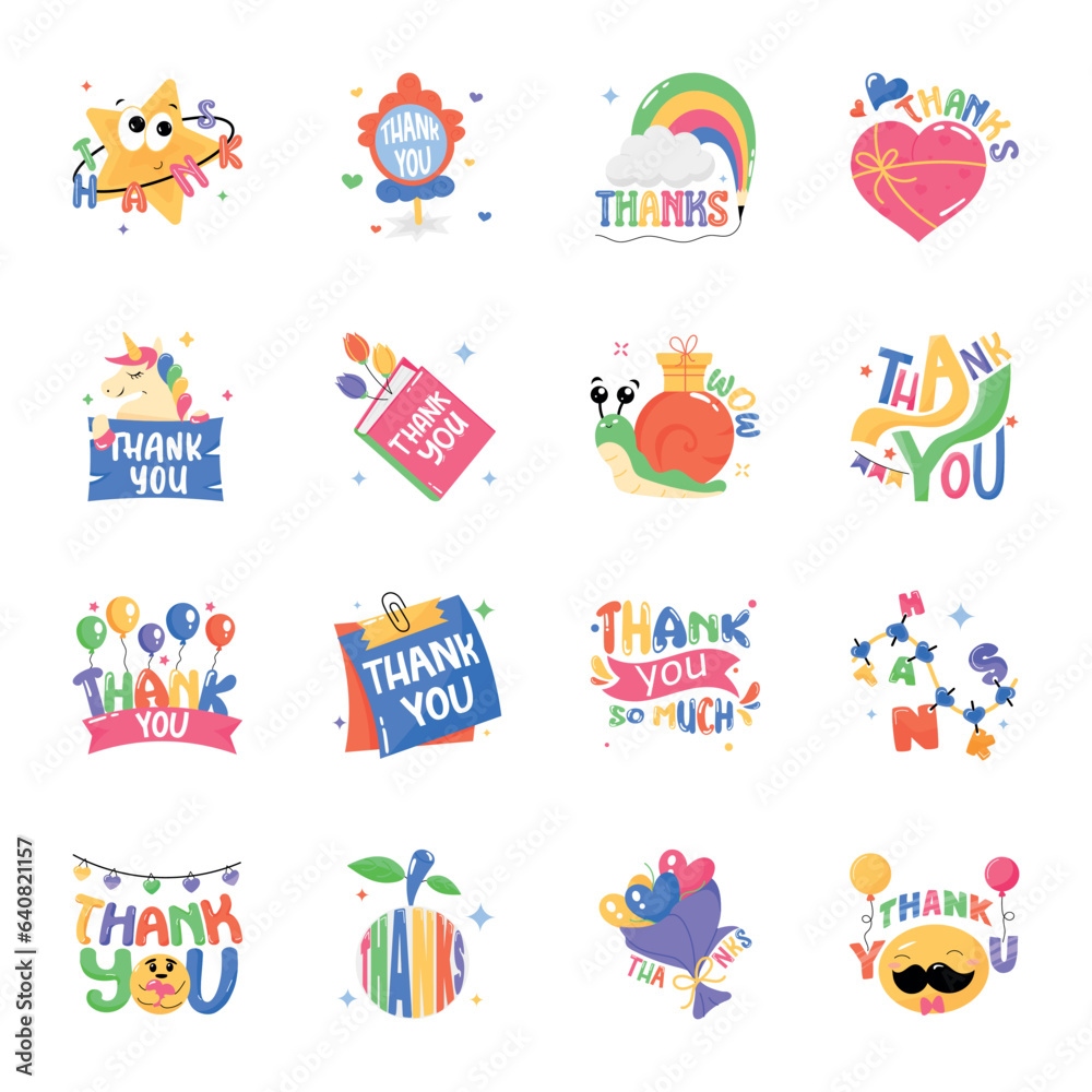 16 Trendy Typographic Thank You Flat Stickers 

