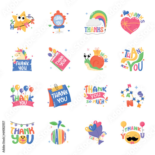 16 Trendy Typographic Thank You Flat Stickers    © Prosymbols