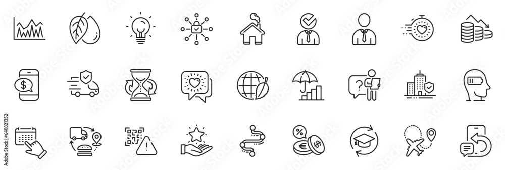 Icons pack as Security lock, Loyalty program and Transport insurance line icons for app include Timeline, Home, Friends chat outline thin icon web set. Mineral oil, Inflation. Vector