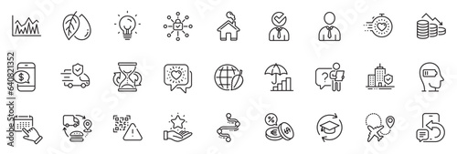 Icons pack as Security lock, Loyalty program and Transport insurance line icons for app include Timeline, Home, Friends chat outline thin icon web set. Mineral oil, Inflation. Vector