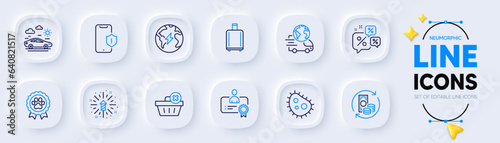 Dog competition, Fireworks explosion and Bacteria line icons for web app. Pack of Certificate, Smartphone protection, Discounts chat pictogram icons. Change money, Delete order. Vector