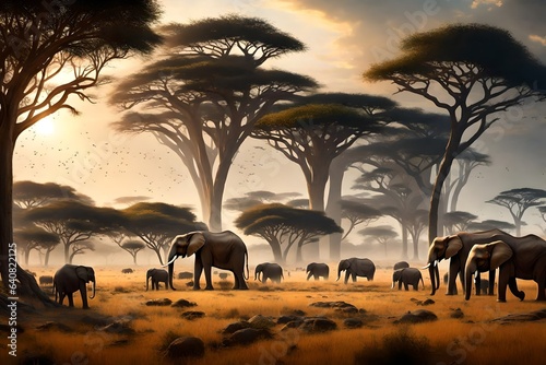 A panoramic view of a sprawling savannah  with a herd of elephants in the distance. 