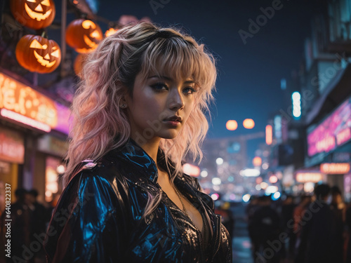 Cyperpunk Girl Celebrating Halloween in city at night