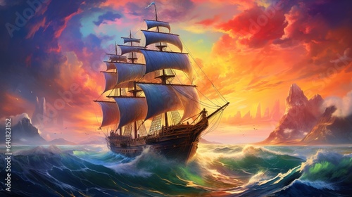  a painting of a sailing ship in the middle of the ocean. generative ai