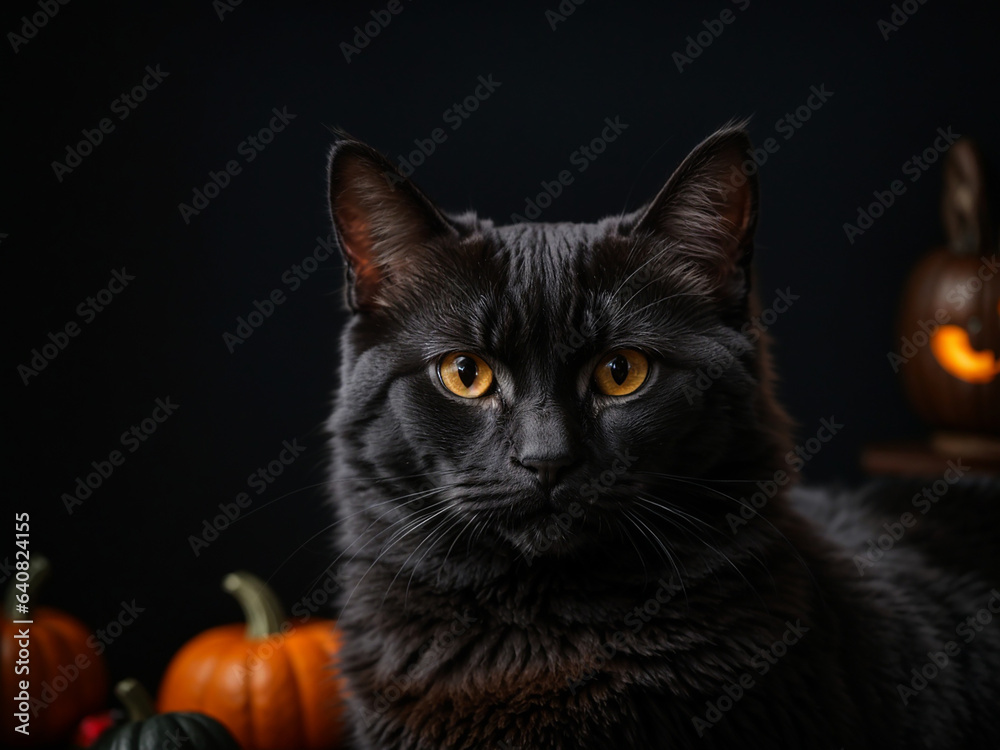 Black Cat close up with pumpkin in background Black Cat close up with pumpkin in background