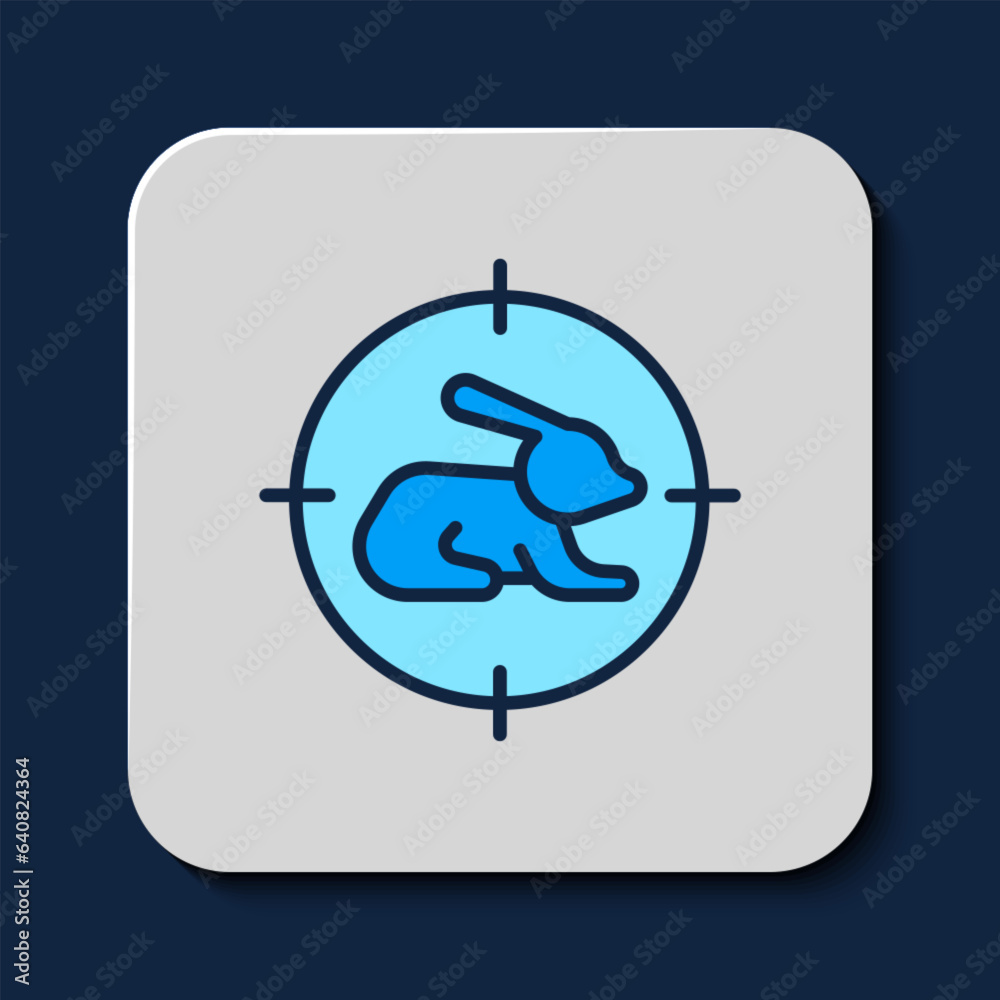 Filled outline Hunt on rabbit with crosshairs icon isolated on blue background. Hunting club logo with rabbit and target. Rifle lens aiming a hare. Vector Filled outline Hunt on rabbit with crosshairs icon isolated on blue background. Hunting club logo with rabbit and target. Rifle lens aiming a hare. Vector