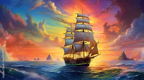  a painting of a sailboat in the ocean at sunset. generative ai