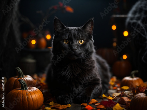 Spooky Black Cat halloween Celebration with pumpkin and leaf