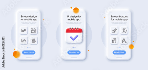 Cashback card, Cut tax and Contactless payment line icons pack. 3d phone mockups with calendar. Glass smartphone screen. Candlestick graph, Money tax, Corrupt web icon. Vector