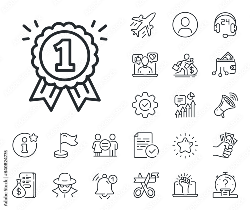 Winner achievement or Award symbol. Salaryman, gender equality and alert bell outline icons. Reward Medal line icon. Glory or Honor sign. Reward line sign. Spy or profile placeholder icon. Vector
