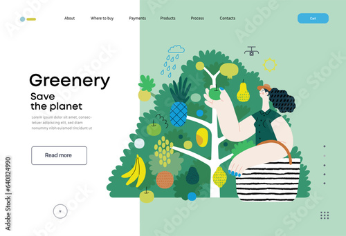Greenery, ecology -modern flat vector concept illustration of a woman gathering fruit from the 40 fruit tree. Metaphor of environmental sustainability and protection, closeness to nature