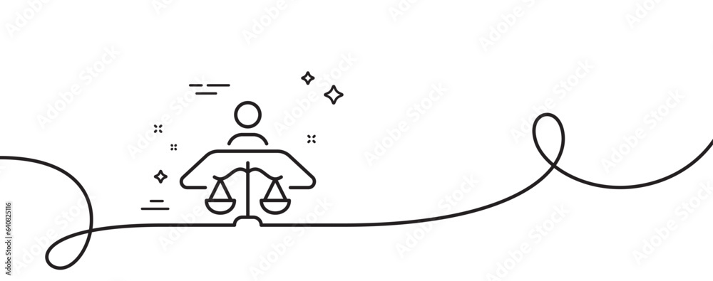 Court judge line icon. Continuous one line with curl. Justice scale sign. Judgement law symbol. Court judge single outline ribbon. Loop curve pattern. Vector