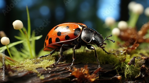  a close up of a lady bug on a mossy surface. generative ai