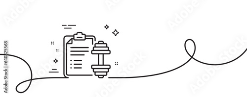 Dumbbell line icon. Continuous one line with curl. Workout plan sign. Gym fit report symbol. Dumbbell single outline ribbon. Loop curve pattern. Vector
