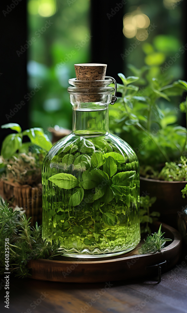 Bottles with oil, herbs on the table on a blurred background. Bottles with oil, herbs on the table on a blurred background.
