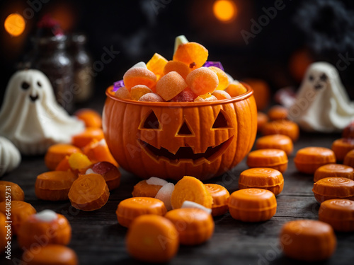 Pumpkin shape Bowl with Halloween candy and chocolates