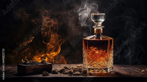  a glass bottle of whiskey with smoke coming out of it. generative ai