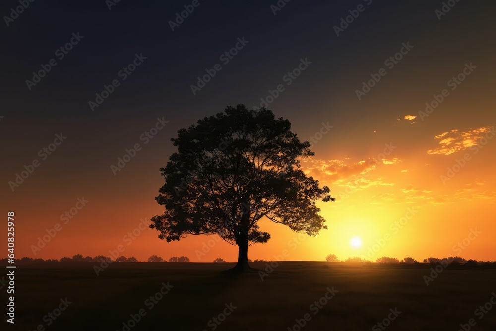 Sunset with silhouette tree panorama view.