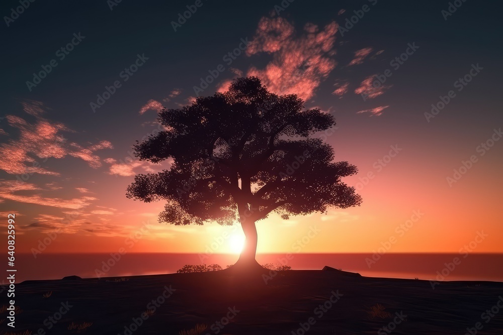 Sunset with silhouette tree panorama view.