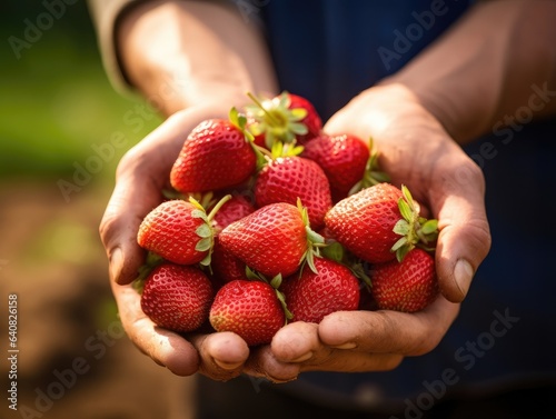 Freshly harvested Strawberries in farmer's hand, close-up shot