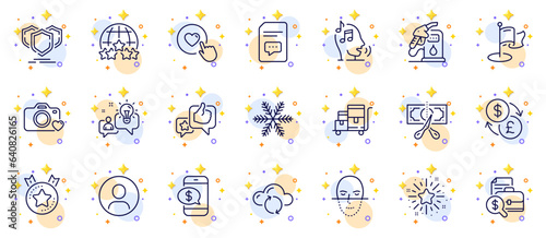 Outline set of Idea, Like and Currency exchange line icons for web app. Include Inventory cart, Rating stars, Cloud sync pictogram icons. Phone payment, Snowflake, Headshot signs. Vector